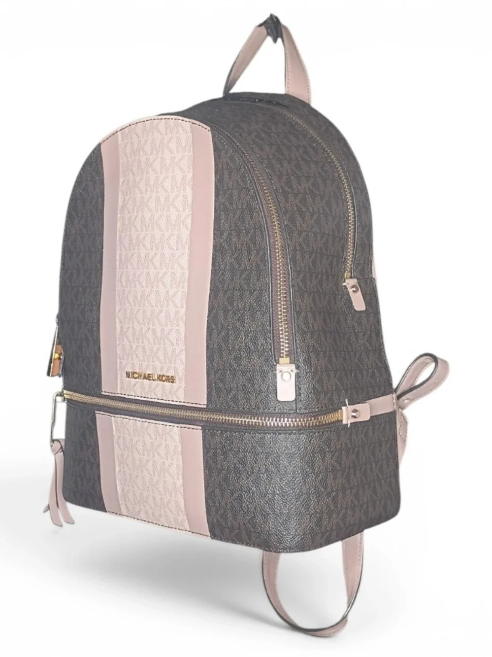 Michael Kors Rhea Zip Stripe Medium Backpack Pink & Brown Monogram